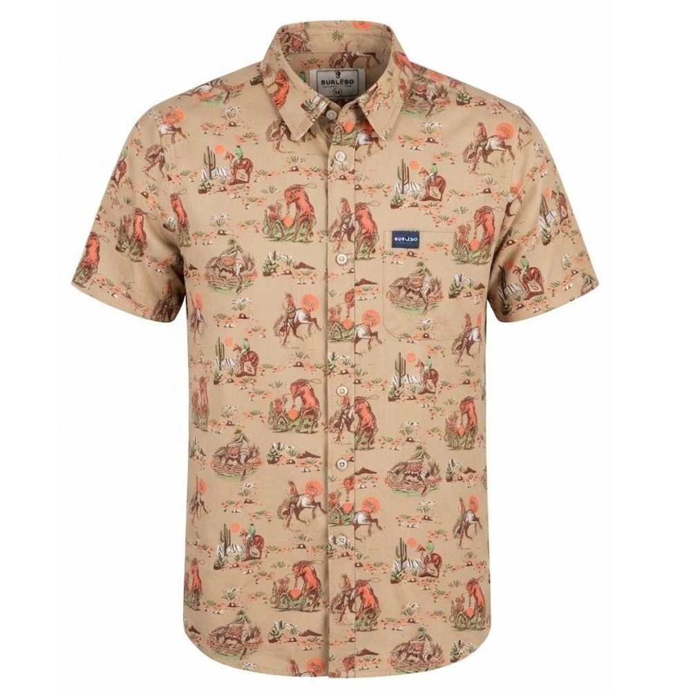 Burlebo Mens Medium Beige Western Rodeo Cowboy Short Sleeve Button Up Shirt - CJ